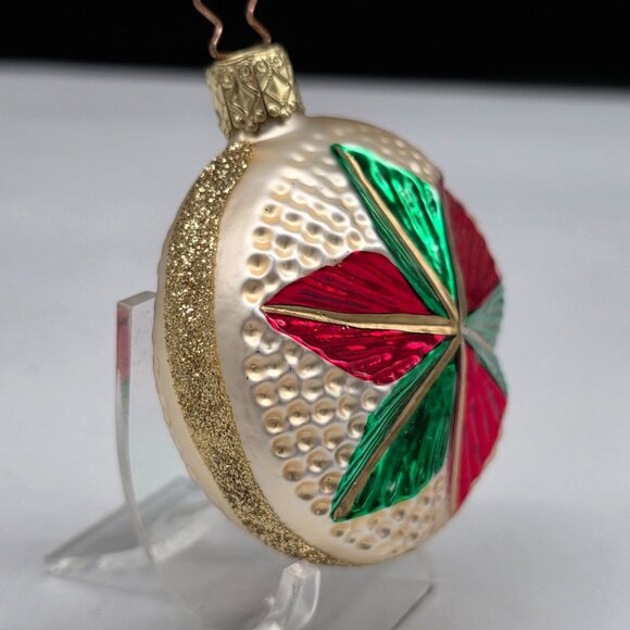 Inge Glas Round Indent Poinsettia German Glass Christmas Ornament 2.5" - Picture 2 of 6